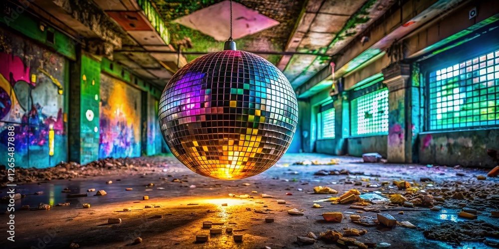 Obraz premium Abandoned Disco Ball Reflects Vibrant Party Lights - Urban Exploration Photography