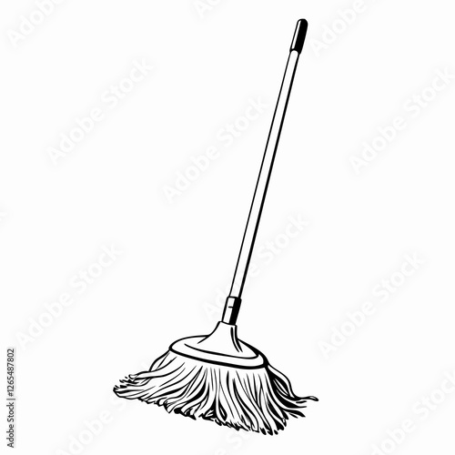 Angled mop with long handle and wide fringed head shown in clean line drawing. Professional cleaning tool depicted in catalog style. Concept: janitorial services, cleaning company