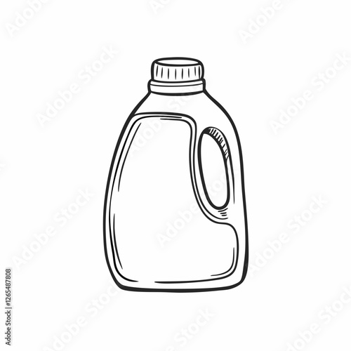 Side view of detergent bottle with integrated handle in simple line art style. Unlabeled container shows basic cleaning product form. Concept: household products, cleaning supplies