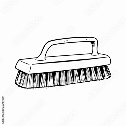 Simple line drawing of rectangular cleaning brush with dense bristles on white background. Utilitarian handle design shown in profile view. Concept: household supplies, cleaning services