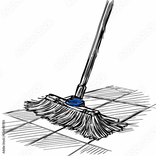 Hand-drawn illustration of wet mop on tiled floor in black ink style. Concepts: floor cleaning, housekeeping, domestic work, janitorial tool, hygiene, sanitation.