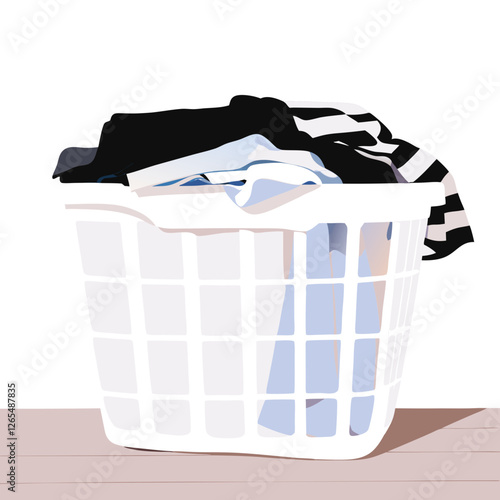 Flat illustration of white laundry basket filled with clothes in soft tones. Concepts: household chores, washing, clothing care, home laundry, fabric maintenance.