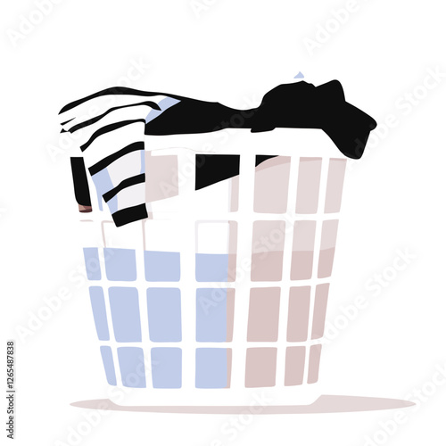 Stylized laundry basket overflows with mixed clothes on neutral background. Simple minimalist composition shows domestic organization. Concept: laundromat, housekeeping services, home organization