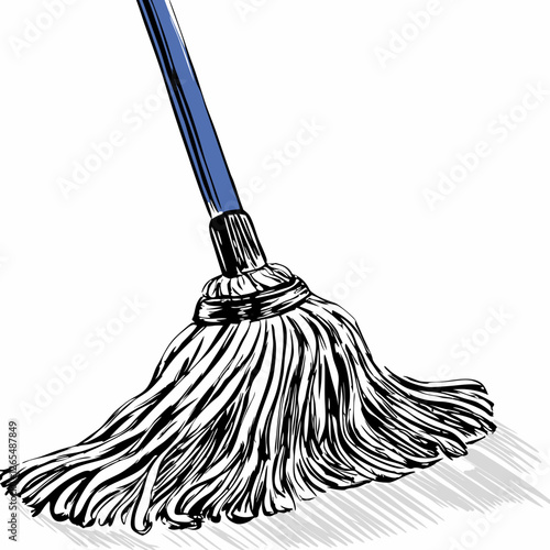 Blue-handled mop with white strings casts shadow on clean floor. Simple sketch shows essential cleaning tool in action. Concept: cleaning service, janitorial supplies, household maintenance