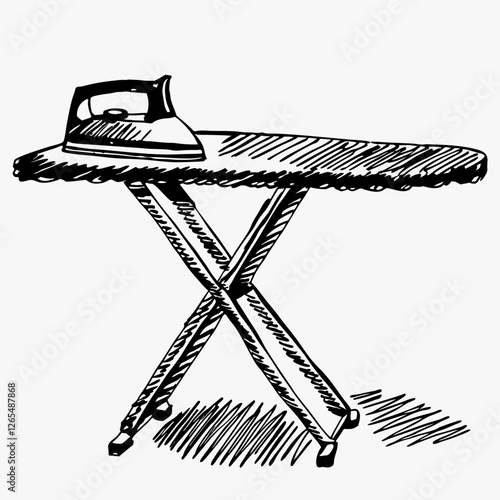 Hand-drawn iron rests on detailed ironing board sketch. Simple black line illustration captures everyday housekeeping tool. Concept: dry cleaning, laundry service, appliance retail