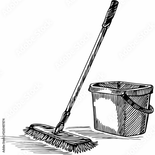 Mop rests against cleaning bucket. Rustic line drawing shows basic cleaning tools. Simple maintenance equipment. Concept: janitorial supply, cleaning service, housekeeping