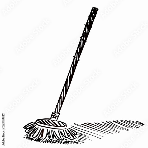 Mop leans against plain wall casting shadow. Simple cleaning tool depicted in casual sketch style. Indoor cleaning scene. Concept: janitorial service, cleaning company, housekeeping