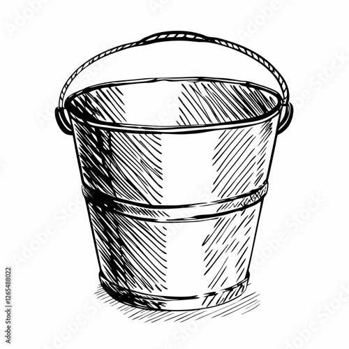 Detailed sketch of metal bucket with rope handle. Hand-drawn style with texture and shading. Concept: art supplies, vintage goods, rustic decor