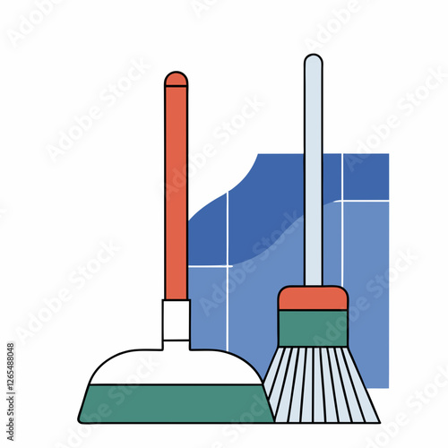 Teal dustpan with orange-red brush on tiled floor. Modern cleaning tools in minimalist style. Home setting. Concept: Housekeeping, Cleaning supplies