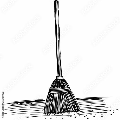 Traditional broom sweeps scattered debris. Vintage-style line drawing shows cleaning action. Rustic housekeeping scene. Concept: cleaning services, janitorial, home care