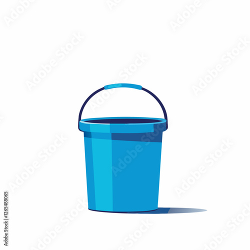 Light blue plastic bucket with dark handle stands ready. Simple cleaning container on white surface. Modern household setting. Concept: Cleaning supplies, Home maintenance