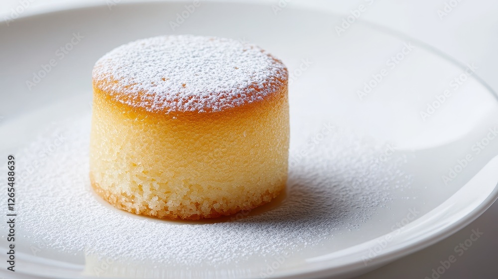 A mini Japanese honey cake with a light dusting of powdered sugar, sitting elegantly on a white plate. A mini Japanese honey cake with a light dusting of powdered sugar, sitting elegantly on a white plate.