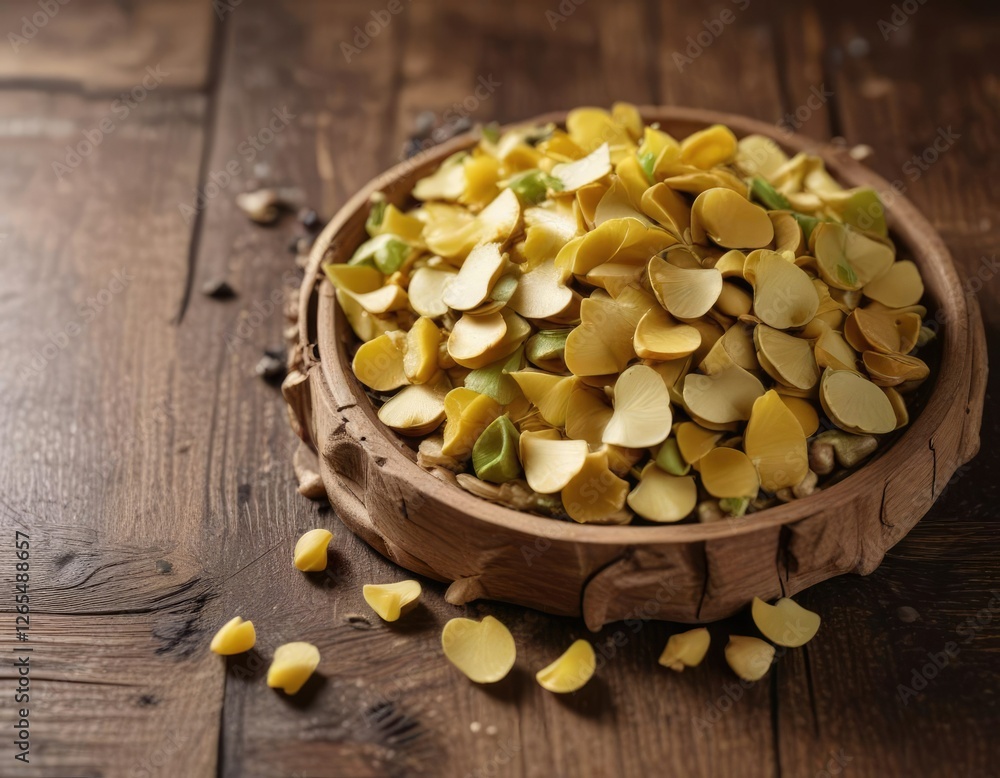 Steaming boiled ginkgo nuts on a rustic wooden background , forest scenery , natural elements Steaming boiled ginkgo nuts on a rustic wooden background , forest scenery , natural elements