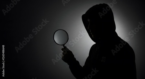 Silhouette Man Holding Magnifying Glass in Dark Mysterious Setting