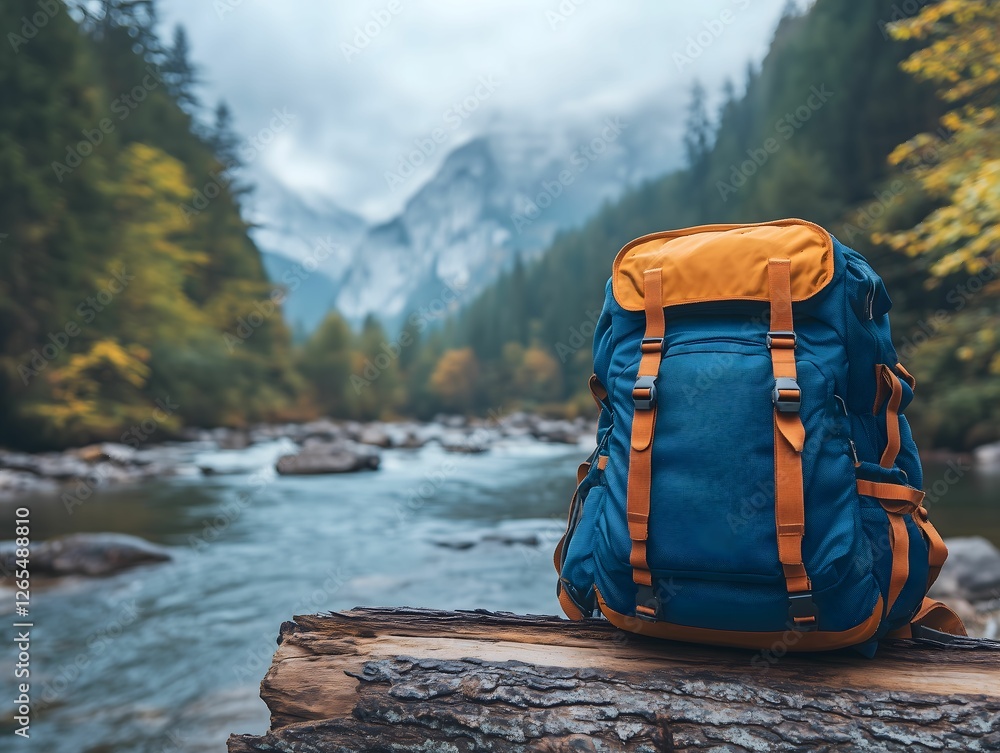 A colorful backpack is positioned on a log alongside a winding river, surrounded by tall trees and mountains A colorful backpack is positioned on a log alongside a winding river, surrounded by tall trees and mountains