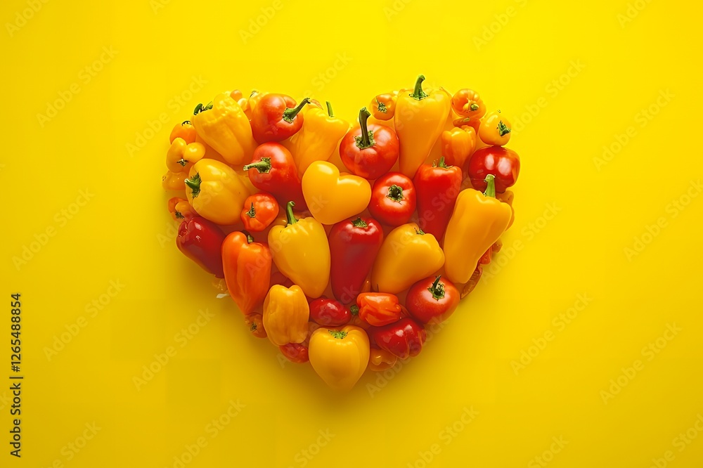 Colorful Bell Peppers Arranged in a Heart Shape on Yellow Background Healthy Food Concept Colorful Bell Peppers Arranged in a Heart Shape on Yellow Background Healthy Food Concept