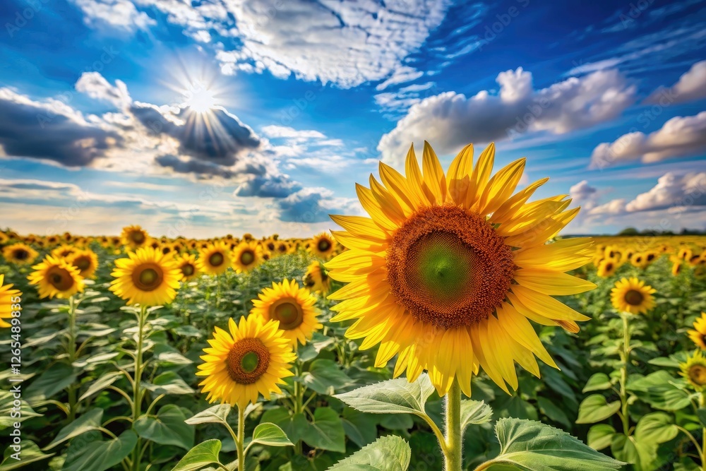 Fototapeta premium Sun-kissed sunflower fields stretching towards the sky on a warm summer day, sunny meadows, yellow flowers, open landscape