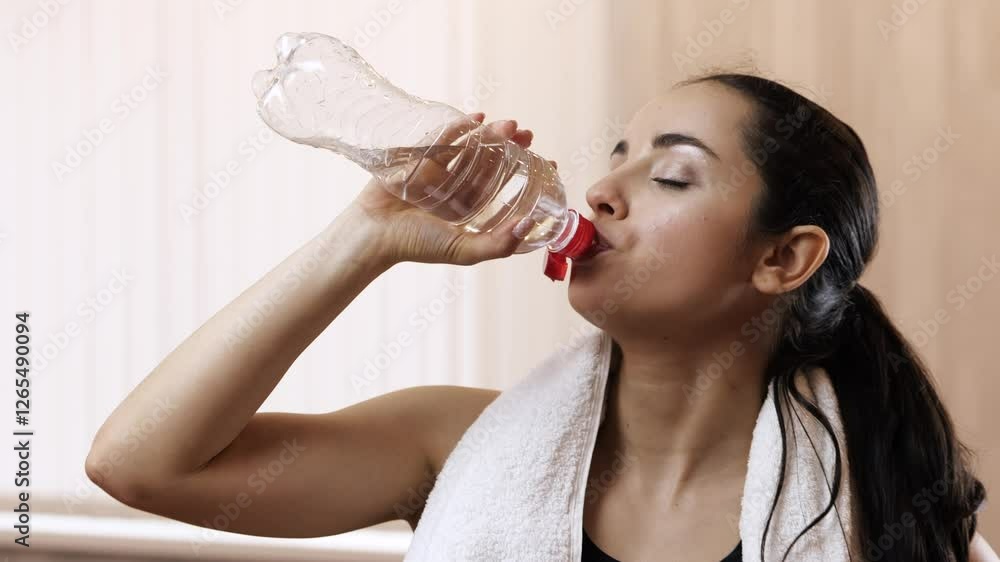 Young woman has workout at home during quarantine. Start drinking water from bottle. Aqua advertisement. Drinking water after hard exercising. Young woman has workout at home during quarantine. Start drinking water from bottle. Aqua advertisement. Drinking water after hard exercising.