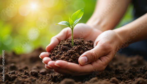 Caring hands nurturing a young plant in rich soil