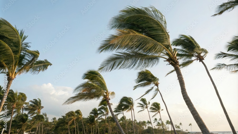 Obraz premium Swaying palm fronds in gentle tropical breeze, palm tree, foliage, wind, lush