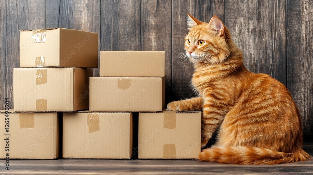 Fototapeta premium Ginger cat calmly surveys stacked cardboard boxes rustic wood background. AI Generated