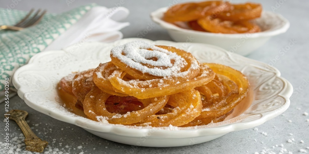 Sweet jalebi in a delicate white plate with a sprinkle of powdered sugar on top, festive food, creamy sauce Sweet jalebi in a delicate white plate with a sprinkle of powdered sugar on top, festive food, creamy sauce