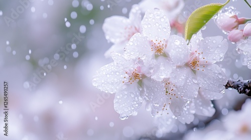 Delicate tea leaf amidst spring raindrops, embodying serenity and renewal.