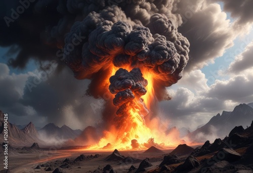 Swirling clouds of ash and gas erupt from the ground in a violent volcanic explosion, lava, geology, earth