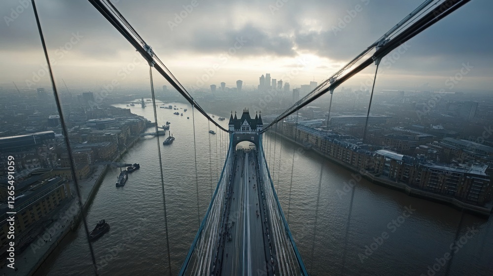 Fototapeta premium London Tower Bridge, Misty Morning, Cityscape View, Elevated Perspective