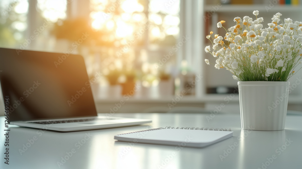 Fototapeta premium cozy home office setup featuring laptop, notepad, and potted plant, illuminated by warm sunlight, creates serene and inviting workspace