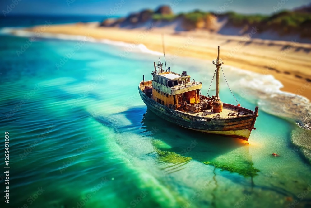 Obraz premium Abandoned Shipwreck Summer Seascape: Tilt-Shift Miniature Coastal Scene