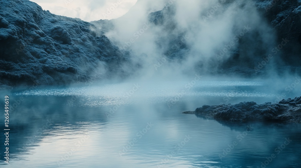 Naklejka premium hidden blue lagoon in Iceland, steam rising from the geothermal water, surrounded by volcanic rocks, cinematic depth