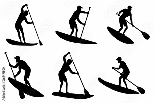 SUP Paddle Board Silhouette Collection – Water Sports Vector Art on white background.