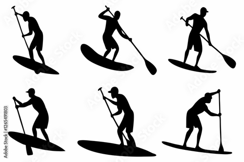 SUP Paddle Board Silhouette Collection – Water Sports Vector Art on white background.