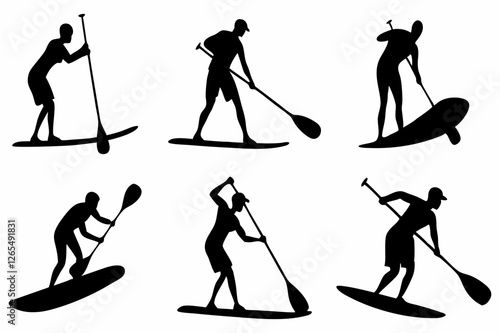 SUP Paddle Board Silhouette Collection – Water Sports Vector Art on white background.