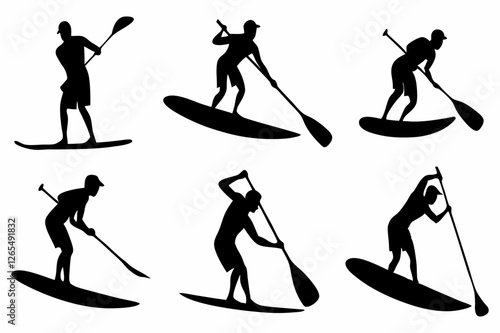 SUP Paddle Board Silhouette Collection – Water Sports Vector Art on white background.