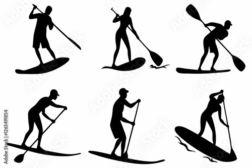 SUP Paddle Board Silhouette Collection – Water Sports Vector Art on white background.