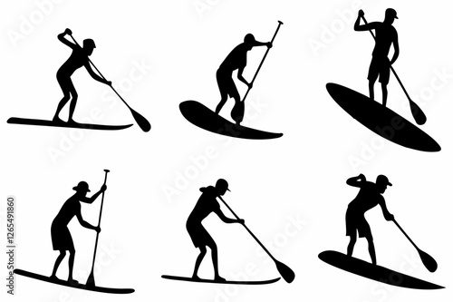 SUP Paddle Board Silhouette Collection – Water Sports Vector Art on white background.