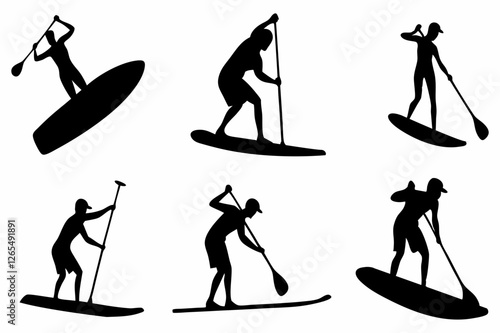 SUP Paddle Board Silhouette Collection – Water Sports Vector Art on white background.