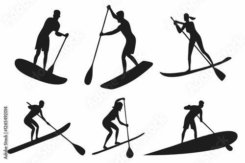 SUP Paddle Board Silhouette Collection – Water Sports Vector Art on white background.