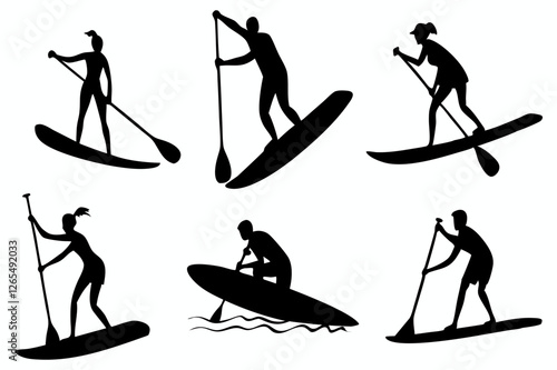 SUP Paddle Board Silhouette Collection – Water Sports Vector Art on white background.