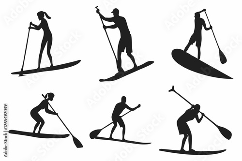 SUP Paddle Board Silhouette Collection – Water Sports Vector Art on white background.