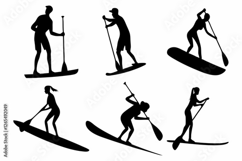 SUP Paddle Board Silhouette Collection – Water Sports Vector Art on white background.