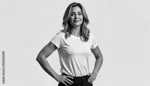 Confident woman smiling in a casual outfit against a neutral background