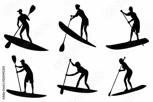 SUP Paddle Board Silhouette Collection – Water Sports Vector Art on white background.