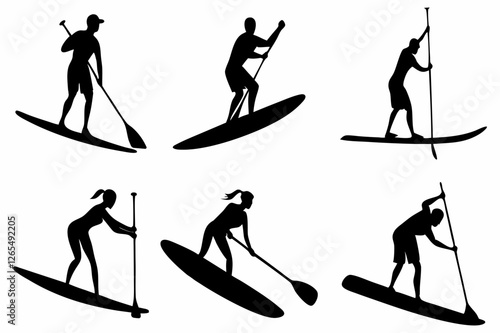 SUP Paddle Board Silhouette Collection – Water Sports Vector Art on white background.
