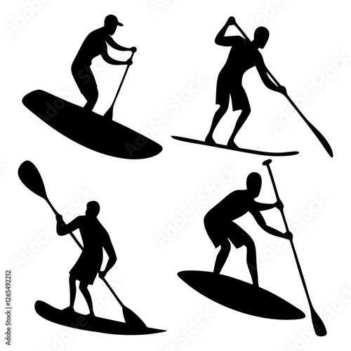 SUP Paddle Board Silhouette Collection – Water Sports Vector Art on white background.