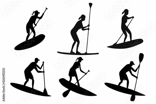 SUP Paddle Board Silhouette Collection – Water Sports Vector Art on white background.