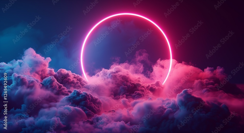 Obraz premium Neon Circle Piercing a Cloud-Filled Night Sky