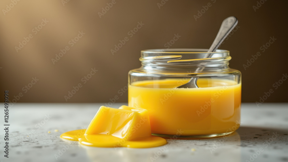Close-up view of a jar filled with golden yellow beef tallow, ready for use. Close-up view of a jar filled with golden yellow beef tallow, ready for use.